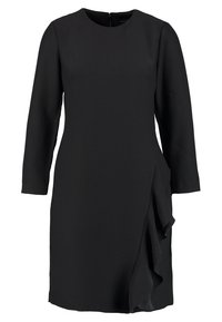 Abito nero con maniche lunghe, scollo rotondo e dettagli arricciati sulla parte anteriore. Realizzato in tessuto morbido, taglio fino al ginocchio, con zip sul retro.