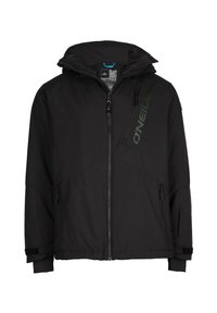 Veste noire à capuche avec fermeture éclair frontale, deux poches zippées et logo O'Neill sur la poche poitrine, conçue pour une utilisation extérieure.