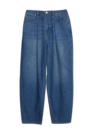 Niebieskie dżinsy z wysokim stanem o luźnym kroju, z przodem zapinanym na guzik i zamek błyskawiczny, dwoma przednimi kieszeniami oraz szlufkami na pasek, prezentowane na białym tle.