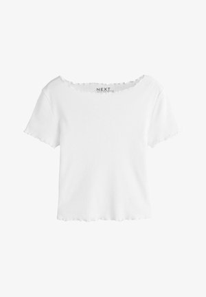 Valge lühike t-särk soonikkoes kangast. Omadusteks lai kaelus ja lainelised ääred varrukatel ning alläärel. Lihtne, minimalistlik disain.