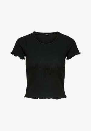 Čierny rebrovaný top s krátkym rukávom a volánovými okrajmi, okrúhlym výstrihom a priliehavým strihom. Vyrobený z elastického materiálu pre pohodlie.