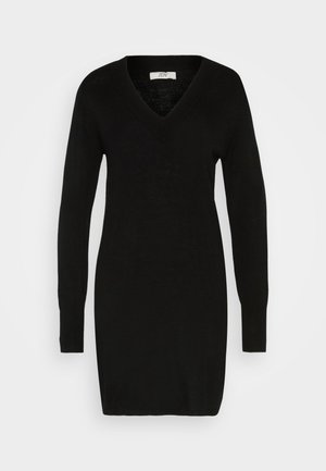 Vestido de malha preto com mangas longas e decote em V, apresentando um design justo e textura suave. Adequado para uso casual ou semi-formal.