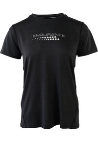 Sort atletisk t-shirt lavet af fugttransporterende stof. Har et rundt logo "ENDURANCE" i sølv med et hexagon mønsterdesign. Korte ærmer.
