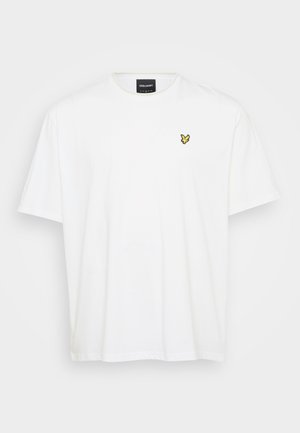 Hvid bomulds T-shirt med korte ærmer, rund halsudskæring og et lille broderet gult fuglelogo på venstre bryst.