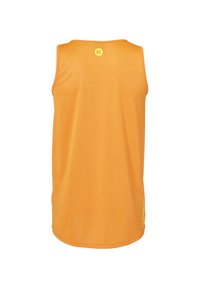 Oranges ärmelloses Tanktop aus leichtem Stoff. Es verfügt über einen runden Halsausschnitt, ein kleines gelbes Logo auf dem Rücken und einem geraden Saum.