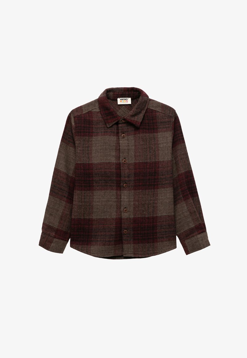 Camicia di flanella a quadri marroni e bordeaux con colletto, maniche lunghe e bottoni marroni davanti. Tessuto morbido e vestibilità rilassata.