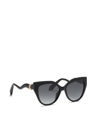 Lunettes de soleil œil de chat noires avec branches texturées à motif serpent et verres foncés dégradés, inclinées sur fond blanc.