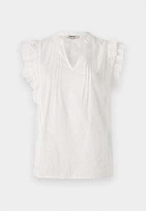 Blusa blanca de manga corta con acentos fruncidos, escote en V, pliegues y textura de puntos en toda la prenda. Fabricada en un tejido ligero.