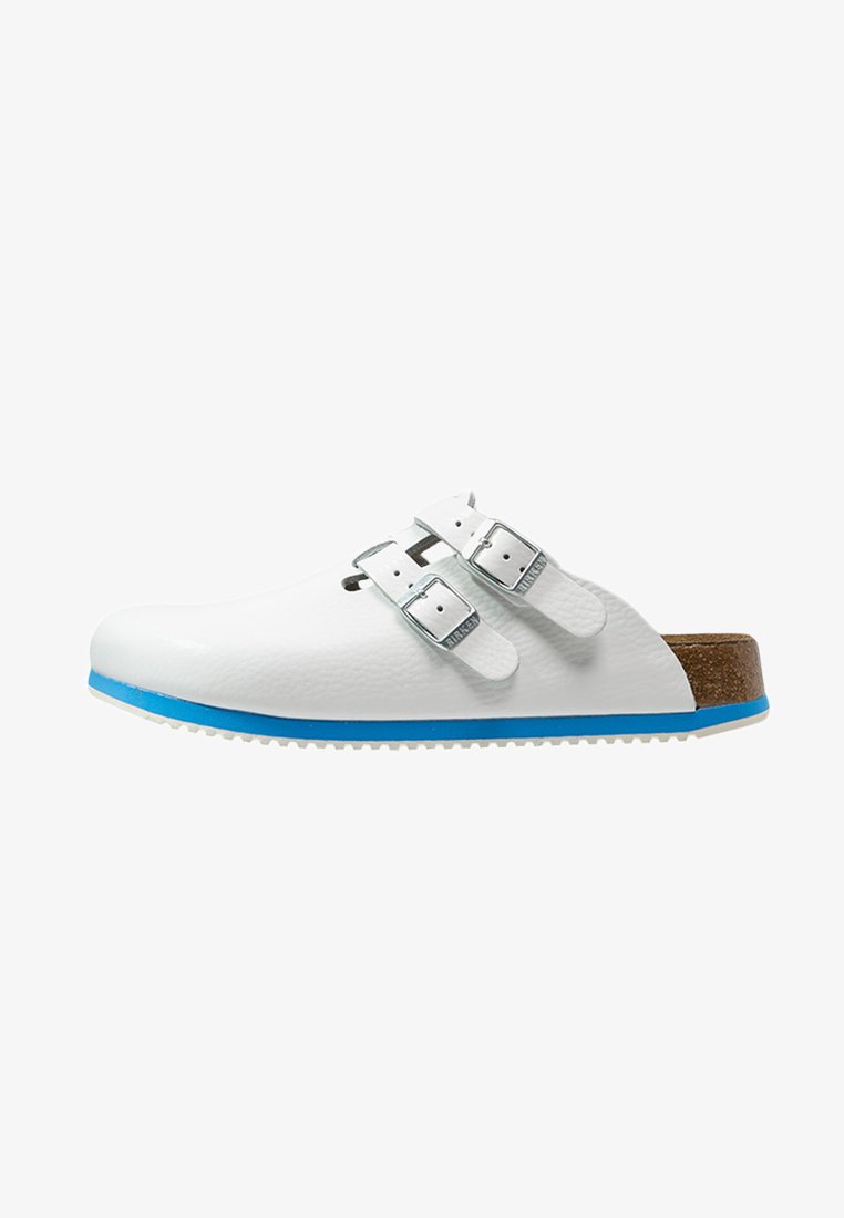 White clog with double silver buckles, blue sole accent, textured upper, and brown cork footbed. Smooth finish and rounded toe design.