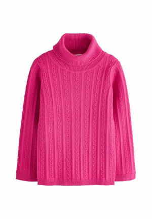 Jasnoróżowy dziergany sweter z golfem, wzorem warkoczy i długimi rękawami, pokazany na białym tle.