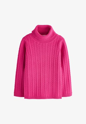 Lyserød strikket rullekravesweater med kabelmønster og lange ærmer, vist på hvid baggrund.