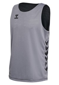Top sportivo grigio in rete con scollo rotondo, pannelli laterali con accenti a chevron neri e una texture leggera e traspirante.