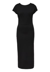 Black midi dress made of smooth fabric, featuring short cap sleeves, a rounded neckline, and a fitted silhouette with a straight hem.