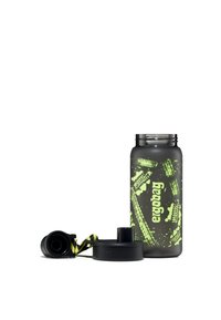 Reusable water bottle with a matte black finish. Features neon green tire tread patterns and a removable black cap with a yellow and black strap.