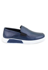 Marineblaue Leder-Slipper mit elastischen Seitenpaneelen, weißer Gummisohle und glatter Textur. Das Design zeichnet sich durch einen minimalistischen Stil aus.
