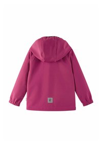 Veste rosa pour enfants avec capuche, dotée de poignets élastiques et d'un petit logo gris en bas à gauche. Matière lisse et résistant à l'eau.