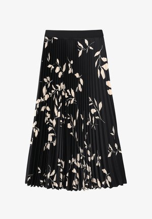 Schwarzer plissierter Rock mit schwarzem Bund, der ein cremefarbenes Blattmuster aufweist und so ein strukturiertes und geschichtetes Aussehen erzeugt.