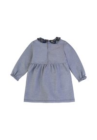 Graues Langarmkleid mit gerafftem Bund. Mit einem blumenmusterverzierten Kragen und einer Knopfleiste auf der Rückseite. Weicher Stoff.