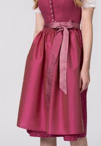 Pink fabric dress featuring a fitted bodice with decorative buttons, a pleated satin skirt, and a matching satin belt tied at the waist.
