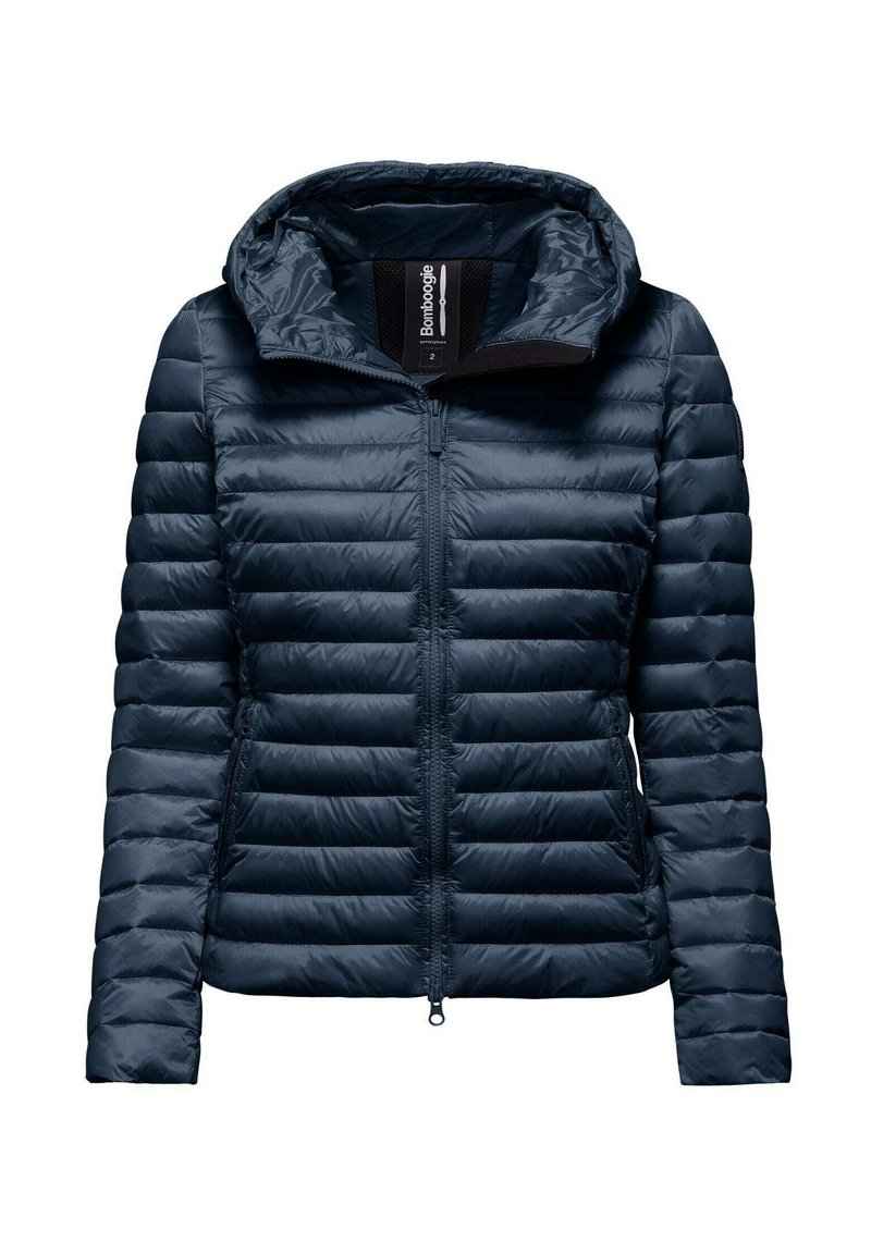 Giacca imbottita blu navy con zip frontale, dotata di cappuccio e design a baffi. Realizzata in materiale lucido e leggero con una trama liscia.