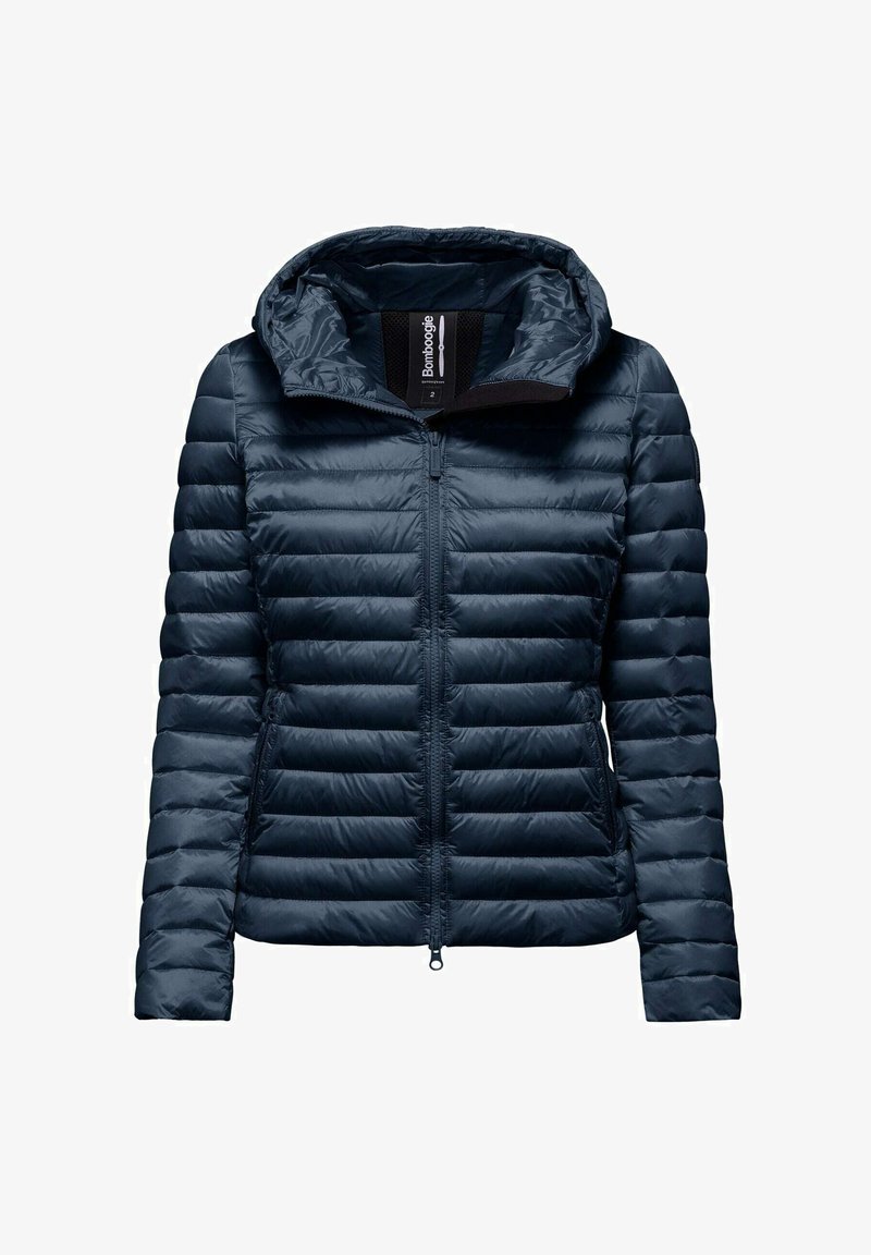 Granatowa, ocieplana kurtka zapinana na zamek, z kapturem i przeszyciami. Wykonana z błyszczącego, lekkiego materiału o gładkiej fakturze.