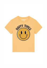 Geel katoenen T-shirt met een grote zwarte smiley-gezicht illustratie en de tekst "HAPPY TIMES" in vette zwarte letters erboven.