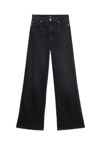 Zwarte jeans met wijde pijpen gemaakt van denim, voorzien van een knoopsluiting, riemlussen en een gladde textuur met minimale vervaging.