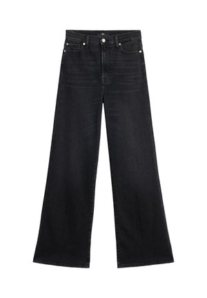 Zwarte jeans met wijde pijpen gemaakt van denim, voorzien van een knoopsluiting, riemlussen en een gladde textuur met minimale vervaging.