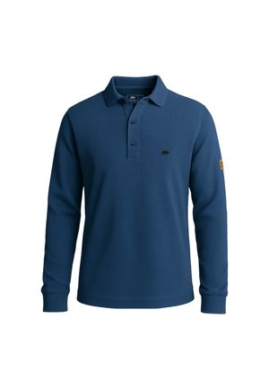 Marineblaues Langarm-Polohemd aus texturiertem Stoff mit drei Knöpfen. Es verfügt über ein kleines Bärenlogo auf der Brust und ein markantes Logopatch am Ärmel.