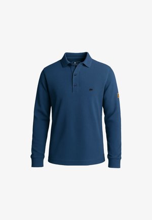 Marineblaues Langarm-Polohemd aus texturiertem Stoff mit drei Knöpfen. Es verfügt über ein kleines Bärenlogo auf der Brust und ein markantes Logopatch am Ärmel.