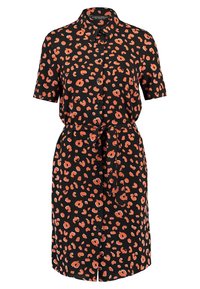 Svart klänning med leopardmönster i orange, med korta ärmar, knäppning framtill och knytning i midjan för formgivning. Slät tygkvalitet.