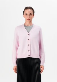 Cardigan rosa claro con escote en V, siete botones marrones, puños y dobladillo acanalados. Usado sobre una blusa gris, combinado con una falda negra plisada.