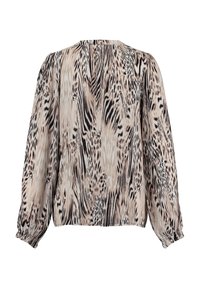 Langärmlige, leichte Bluse in Beige mit schwarzem und braunem Tierdruck. Verfügt über geraffte Bündchen und einen runden Halsausschnitt. Rückansicht gezeigt.