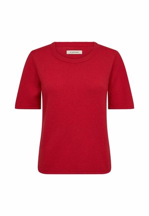 Maglia rossa a maniche corte con scollo tondo, collo a costine e etichetta del marchio all'interno della parte posteriore del collo.