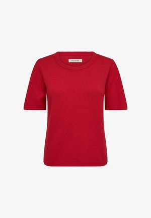 Maglia rossa a maniche corte con scollo tondo, collo a costine e etichetta del marchio all'interno della parte posteriore del collo.