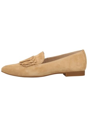 Tan suede loafers featuring a fringed accent on the upper, slim silhouette, and a low, square heel for comfort and ease of wear.