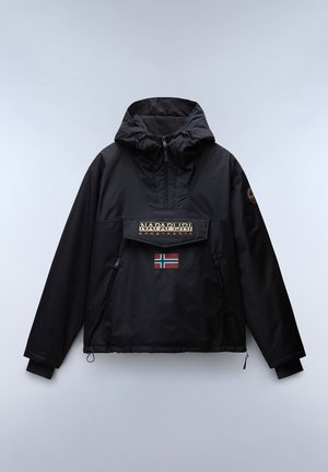 Black waterproof jacket with a hood, featuring a front pocket, embroidered logo, and Norwegian flag detail. Smooth texture, pullover design.