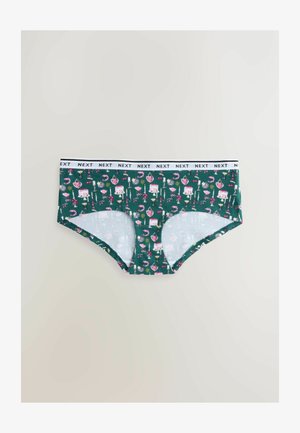 Grüne Baumwollunterwäsche mit verspieltem Muster aus Cupcakes, Flamingos und Herzen. Weißer elastischer Bund mit "NEXT"-Markenaufdruck.