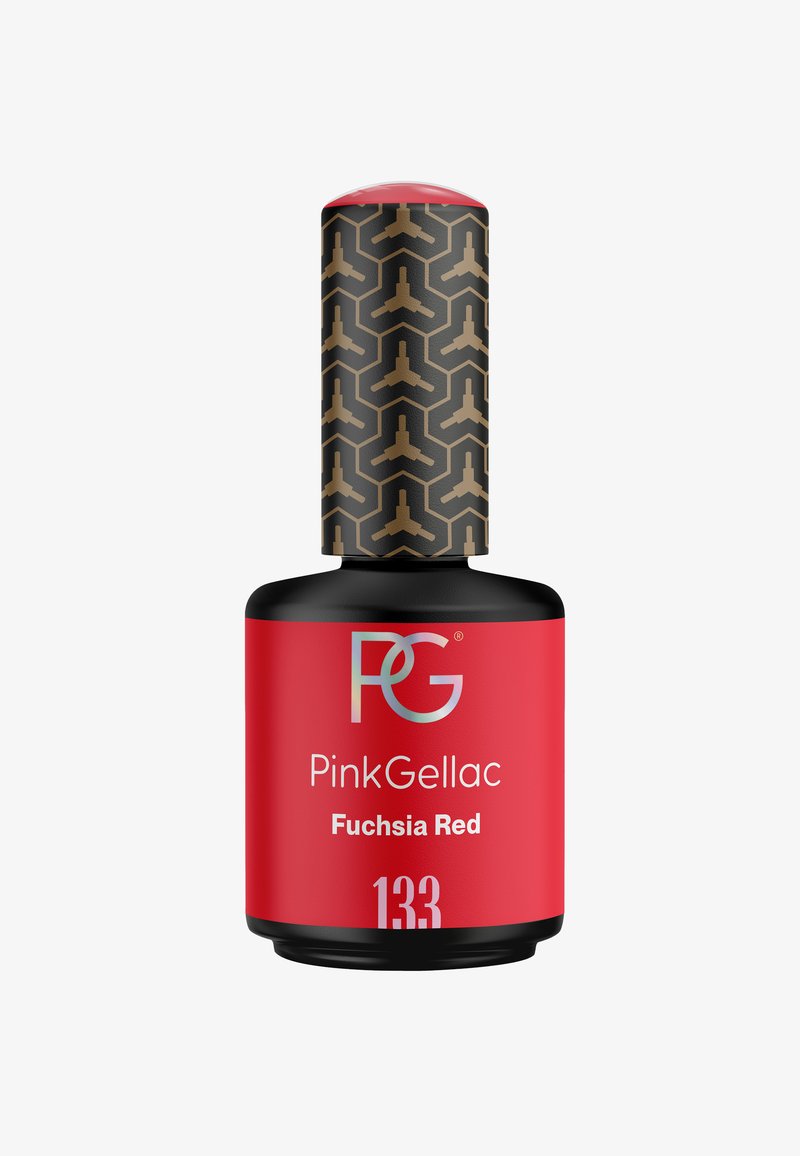 PinkGellac Fuchsia Red nagellak in een glazen fles met een zwarte gestructureerde dop met hexagons en gouden accenten.