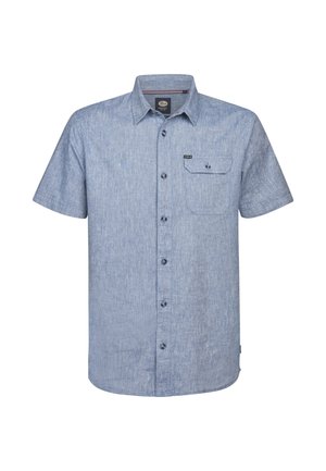 Cămașă cu mâneci scurte, cu nasturi, dintr-un material melanj bleu deschis. Are un buzunar la piept, guler și cinci nasturi pentru închidere.