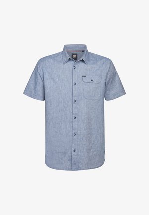 Cămașă cu mâneci scurte, cu nasturi, dintr-un material melanj bleu deschis. Are un buzunar la piept, guler și cinci nasturi pentru închidere.