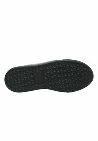 Suela de zapato de goma negra con textura de panal, que presenta un diseño plano y un parche rectangular elevado en el centro.