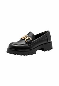 Black leather loafer with gold chain detail, chunky rubber sole, and slightly elevated heel. Smooth texture with rounded toe design.