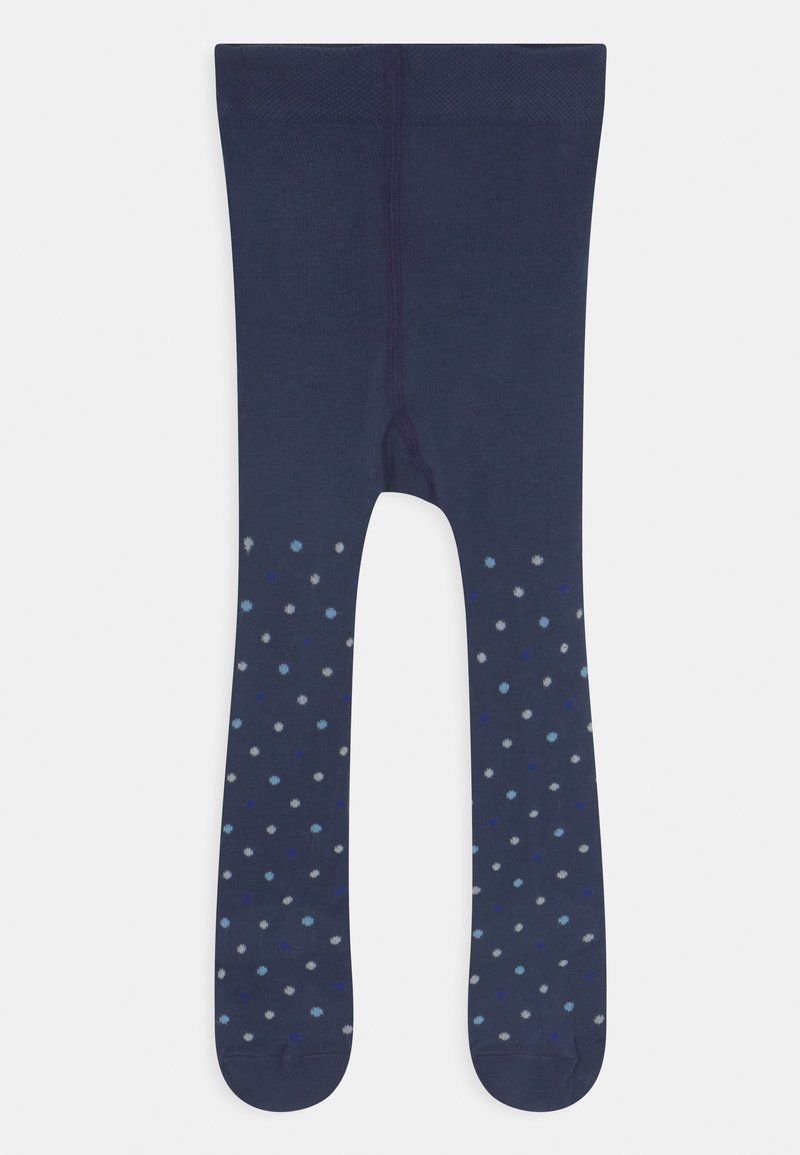 Calze navy con una vita strutturata, caratterizzate da un motivo a pois sparsi in tonalità di azzurro chiaro, blu scuro e grigio.