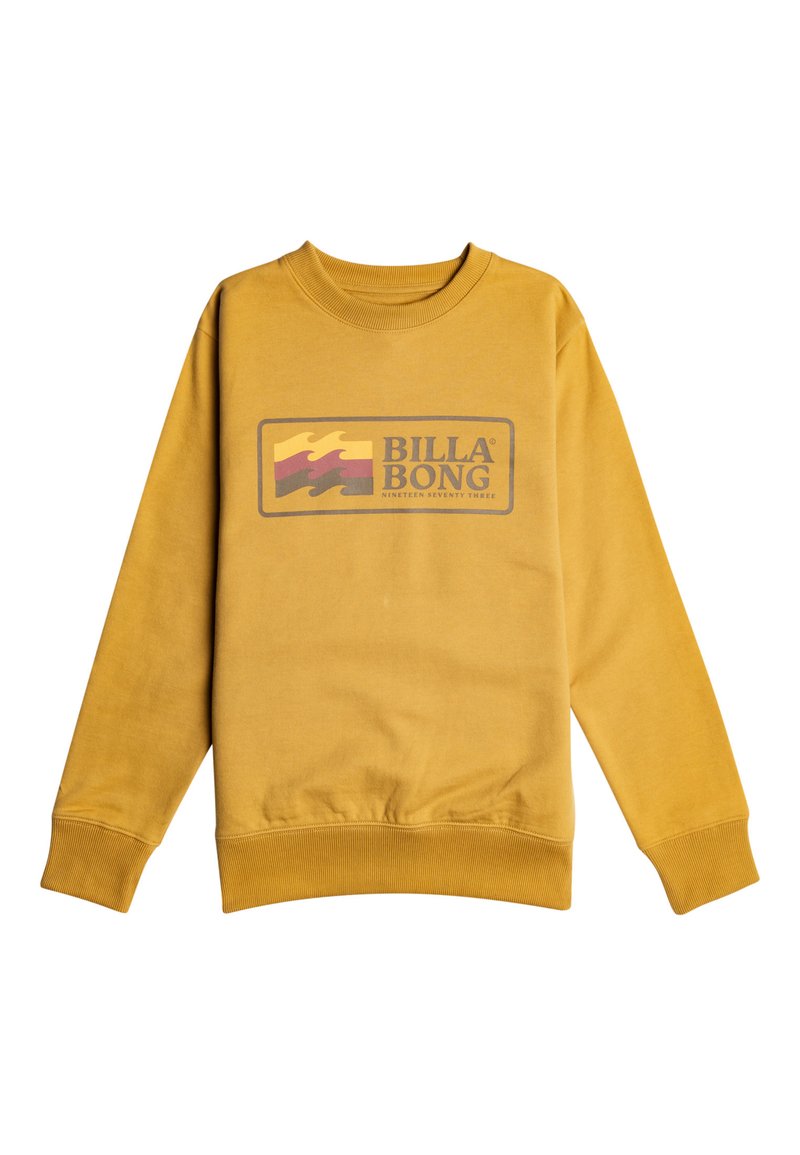 Sweatshirt jaune avec encolure ronde, poignets et taille côtelés. Présente un logo graphique rectangulaire en couleurs pastel. Texture douce.