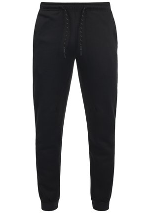 Pantalons de survêtement noirs en tissu doux, avec une taille élastique dotée de cordons de serrage et des revers aux chevilles. Design simple et fonctionnel.