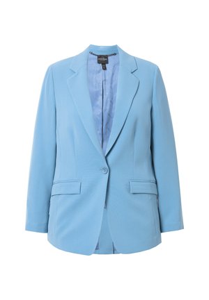 Lys blå blazer lavet af glat stof, med en skarp revers, enkelt knaplukning, to forlommer og et mønstret for.