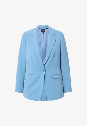 Jasnoniebieska marynarka wykonana z gładkiego materiału, z klapami, z jedynym zapięciem na guzik, dwoma przednimi kieszeniami oraz wzorzystą podszewką.