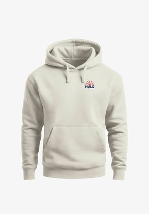 Light beige hoodie with front pouch pocket and small red sun and navy "NVLS" logo on left chest area.