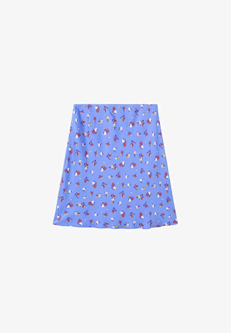 Jupe trapèze bleue avec un petit motif floral rouge, blanc et jaune réparti uniformément sur le tissu.